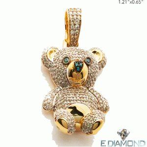 10K Solid Gold 0.75 Carats Natural Diamond  Blue Eye Diamond Teddy Bear Pendant